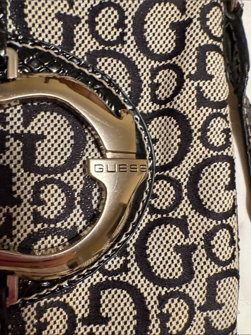 VTG Guess Monogram Small Crossbody Bag in Black and Cream with Silver Buckle